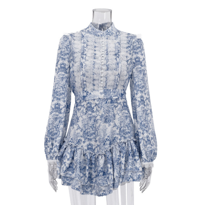 New lace-embroidered and patchwork design print blouse skirt 