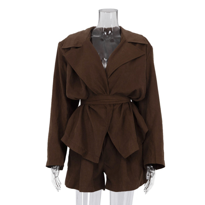 New brown long-sleeved tunic top + shorts two-piece set, outfit DLZtz061216
