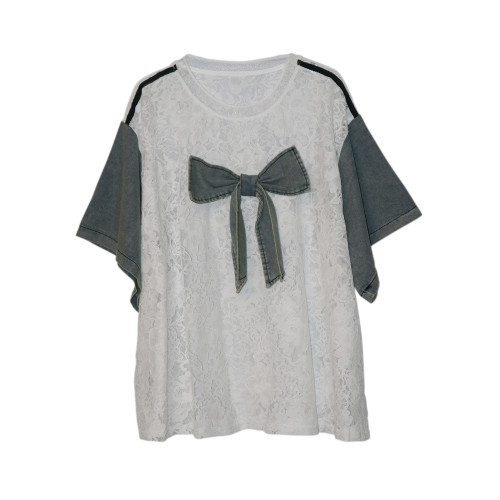 Women White Lace Denim Bow Big Size Casual T-shirt New Round Neck Short Sleeve Fashion Tide Spring Summer DLZtx6110