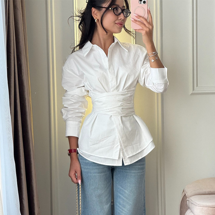 New style, elegant and fashionable, waist-cinching, lace-up design, long-sleeved shirt  DLZcs611