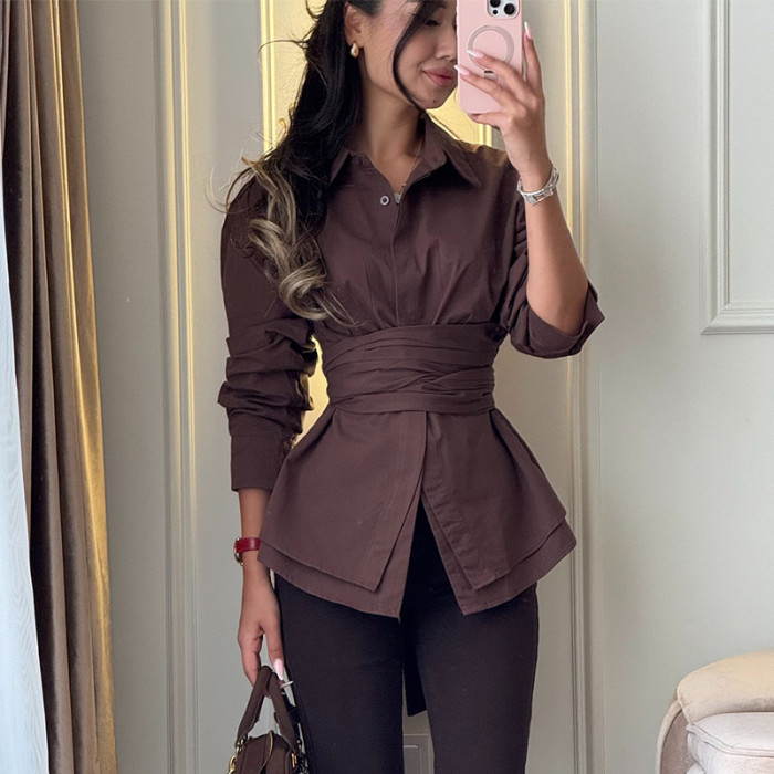 New style, elegant and fashionable, waist-cinching, lace-up design, long-sleeved shirt  DLZcs611