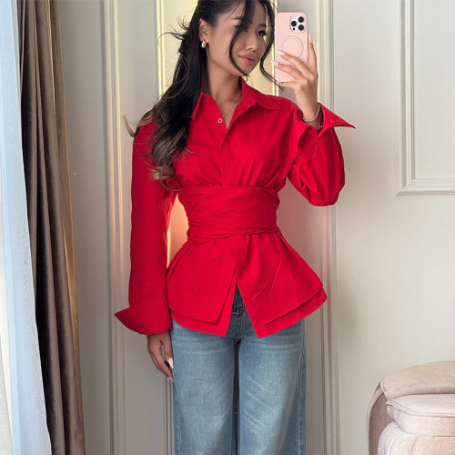 New style, elegant and fashionable, waist-cinching, lace-up design, long-sleeved shirt  DLZcs611