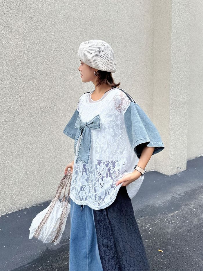Women White Lace Denim Bow Big Size Casual T-shirt New Round Neck Short Sleeve Fashion Tide Spring Summer DLZtx6110