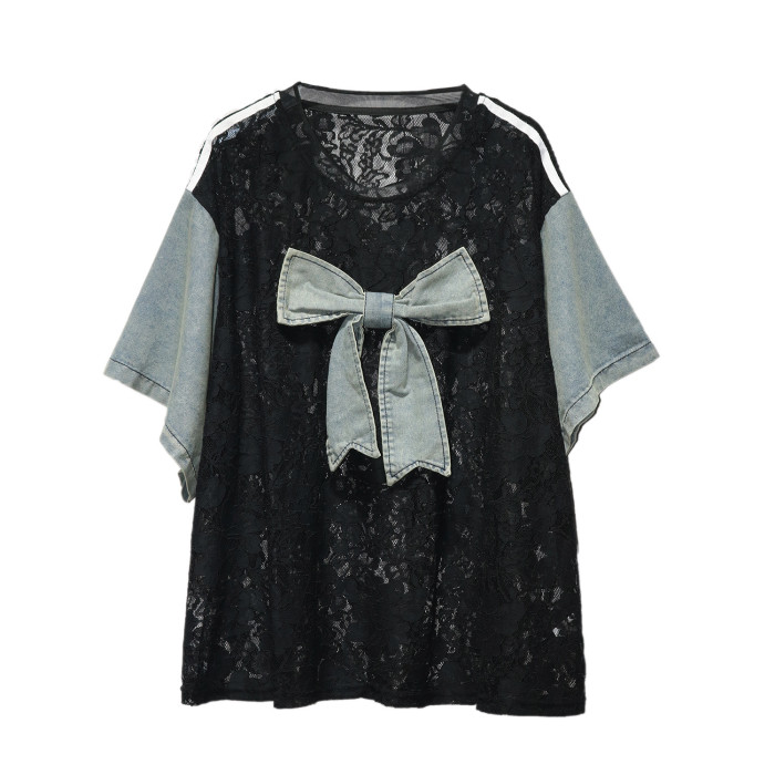 Women White Lace Denim Bow Big Size Casual T-shirt New Round Neck Short Sleeve Fashion Tide Spring Summer DLZtx6110