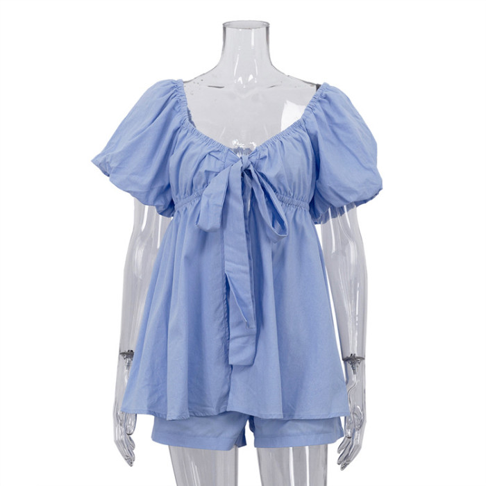 New fashionable V-neck short-sleeved top with belt + shorts set DLZtz1345