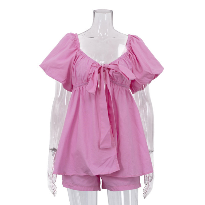 New fashionable V-neck short-sleeved top with belt + shorts set DLZtz1345
