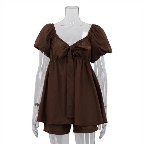 New fashionable V-neck short-sleeved top with belt + shorts set DLZtz1345