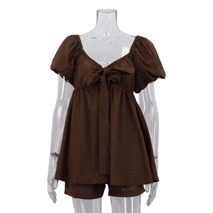 New fashionable V-neck short-sleeved top with belt + shorts set DLZtz1345