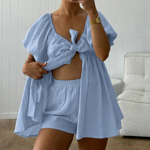 New fashionable V-neck short-sleeved top with belt + shorts set DLZtz1345