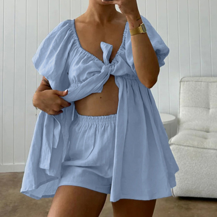 New fashionable V-neck short-sleeved top with belt + shorts set DLZtz1345