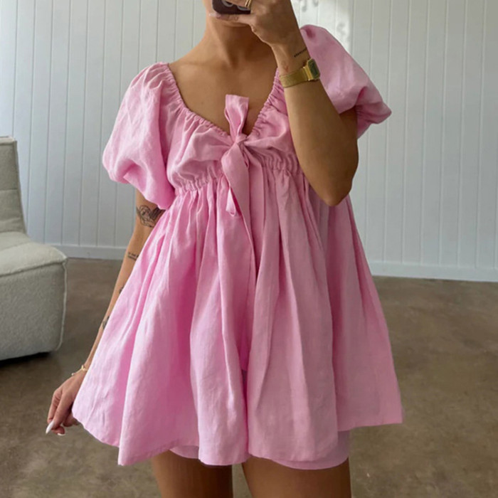 New fashionable V-neck short-sleeved top with belt + shorts set DLZtz1345