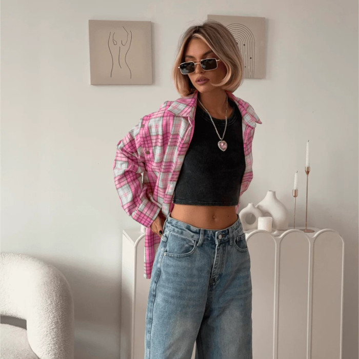 New pink checkered shirt   DLZcs613803