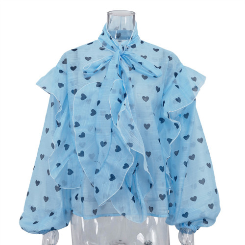 New style lace-up, wide-sleeved, relaxed design with printed pattern blouse  DLZsy6130