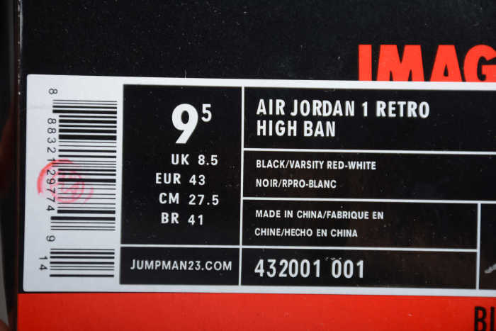 Air Jordan 1 Retro High Ban Black Varsity Red White 432001-001