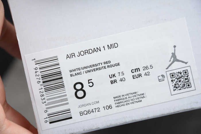 Air Jordan 1 Mid White University Red BQ6472-106