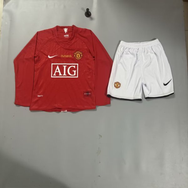 Retro Manchester United home long   Kids 1:1 Quality Soccer Jersey   2007-2008