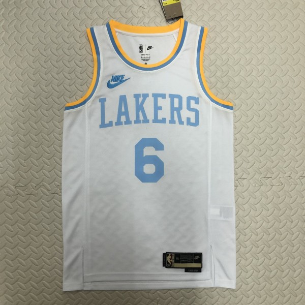 Los Angeles Lakers   White 6 James  round neck  Retro  NBA Jerseys 2023