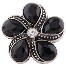 20MM Flower snap Silver Plated with black rhinestones KC6330 snaps jewelry
