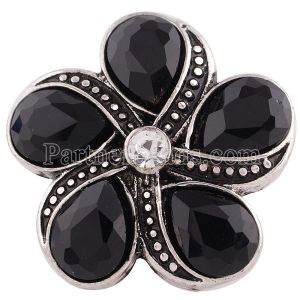 20MM Flower snap Silver Plated with black rhinestones KC6330 snaps jewelry