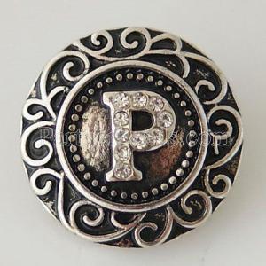 20MM English alphabet-P snap Antique silver  plated with Rhinestones KB6269 snaps jewelry