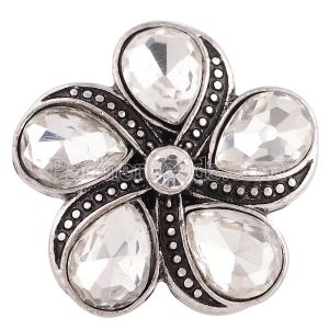 20MM Flower snap Silver Antique Plated with white rhinestones KC6331 snaps jewelry