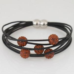 Magnetic buckle real leather bracelets with five 10mm rhinestone beads