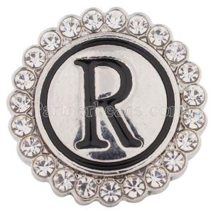 20MM English alphabet-R snap Antique silver  plated with Rhinestones KC8547 snaps jewelry
