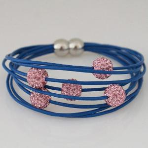 Magnetic buckle real leather bracelets with five 10mm rhinestone beads