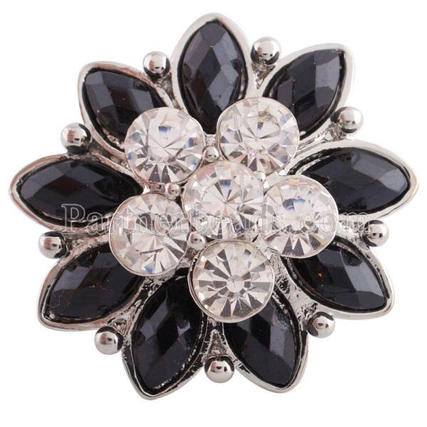 20MM Flower snap Silver Plated with Black and clear rhinestones KC7195 snaps jewelry