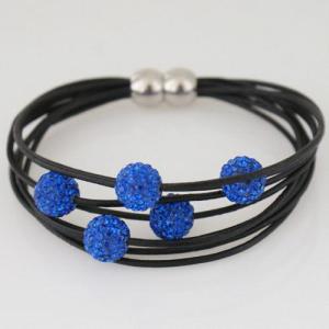 Magnetic buckle real leather bracelets with five 10mm rhinestone beads