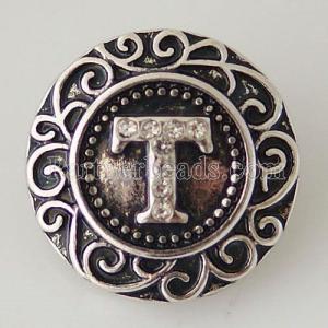 20MM English alphabet-T  snap Antique silver  plated with Rhinestones KB6273 snaps jewelry