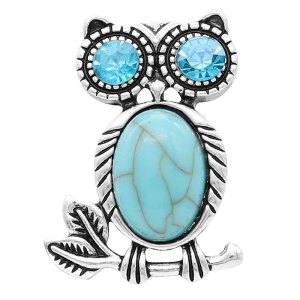 20MM Owl snap Silver Plated with blue Rhinestone and Turquoise KC6796  cyan