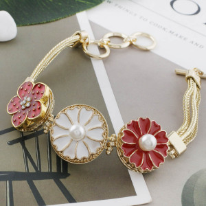 20MM flower snap gold Plated with pearl and white enamel KC9867 snaps jewelry