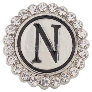 20MM English alphabet-N snap Antique silver  plated with Rhinestones KC8543 snaps jewelry