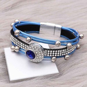 1 buttons Blue leather with white rhinestone KC0506 new type Bracelet fit 20mm snaps chunks