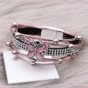 1 buttons Pink leather with white rhinestone KC0505 new type Bracelet fit 20mm snaps chunks