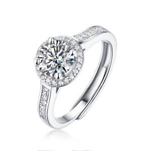 1 CT D 6.5mm Deluxe round style Moissanite Diamond Sterling Silver Classic Engagement Rings Platinum plating adjustable size