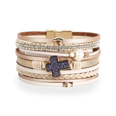 Multi layer woven leather pearl cross Beaded Bracelet