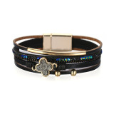 Stick diamond bracelet national style multi layer PU leather clover lucky Bracelet