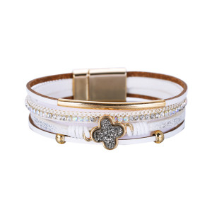Stick diamond bracelet national style multi layer PU leather clover lucky Bracelet