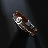 Multi layer leather buckle bracelet with diamond Life Tree