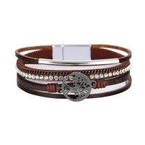 Multi layer leather buckle bracelet with diamond Life Tree