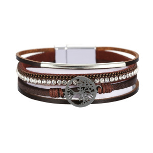 Multi layer leather buckle bracelet with diamond Life Tree