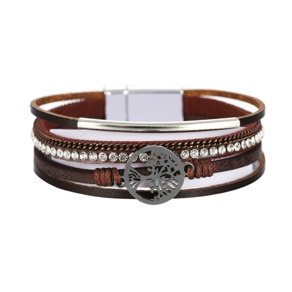 Multi layer leather buckle bracelet with diamond Life Tree