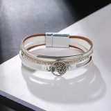 Multi layer leather buckle bracelet with diamond Life Tree