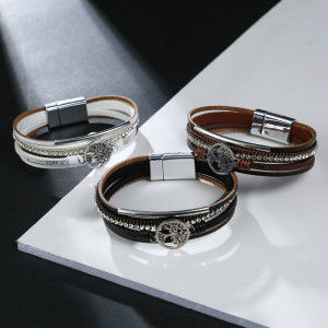 Multi layer leather buckle bracelet with diamond Life Tree