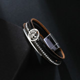 Multi layer leather buckle bracelet with diamond Life Tree