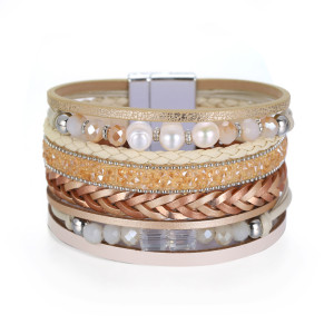 Leather Bracelet multi layer wide brimmed handmade pearl bracelet