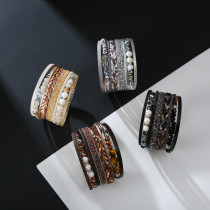 Leather Bracelet multi layer wide brimmed handmade pearl bracelet
