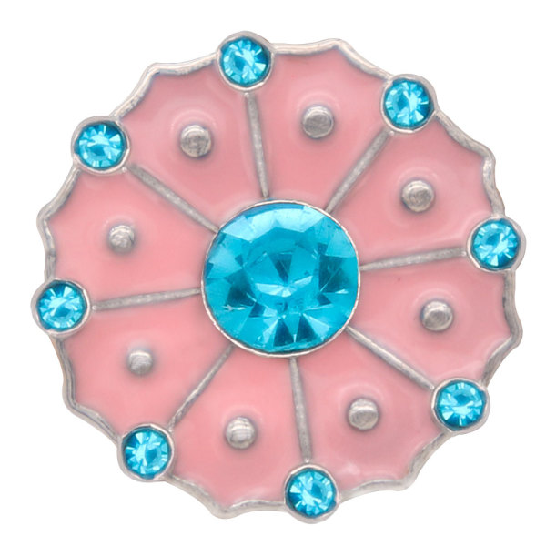 20MM Flower snap Silver Plated with blue Rhinestone and pink enamel  snaps jewelry